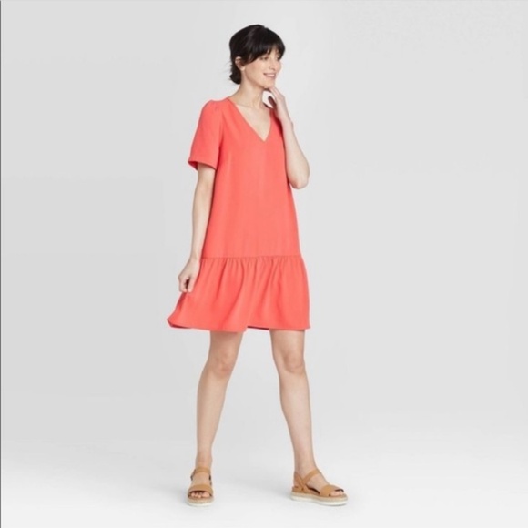 A New Day Ruffle Hem V Neck Swing Dress Coral Orange Medium - Picture 1 of 5